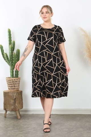 Kadın Siyah Bej Geometrik Desen Midi Elbise Siyah Bej Bej - Siyah