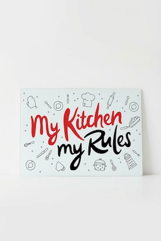 Makri Home My Kitchen My Rules Yazılı Desenli Cam Kesme Tahtası Temperli Cam, 25 35 Cm Çok Renkli