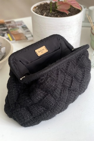 El Yapımı Siyah Diamond Yün Örgü El Çantası Siyah