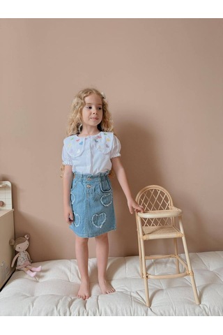 Jolly Kids Kız Çocuk Kalp Nakışlı Kot Etekli Takım Beyaz