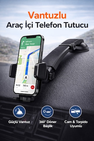 Vantuzlu Araç İçi Telefon Tutucu Ayarlanabilir Uzatmalı Kol 360 Döner Cam & Torpido Uyumlu Siyah