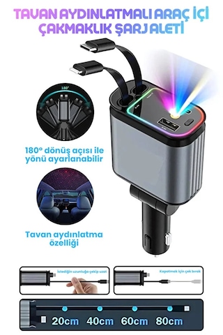 66w Acl Led Işık Tavan Aydınlatmalı 4ın1 Çift Kablolu Hızlı Şarj 3.4a Araç İçi Çakmaklık Şarj Aleti 66w Sliver
