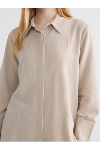 Lcw Modest Bej Oversize Keten Karışımlı Kadın Gömlek Tunik