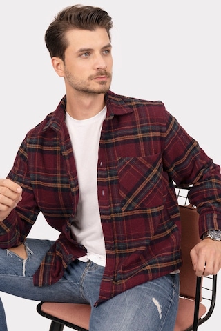 Bordo Sarı Çizgi Over Oduncu Hediye Kutulu Erkek Gömlek Bordo