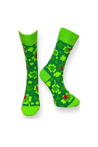 3'lü Unısex Doğa Temalı Yonca Ve Uğur Böceği Desenli Esnek Nem Alabilen Pamuklu Spor Soket Çoraplar Çok Renkli