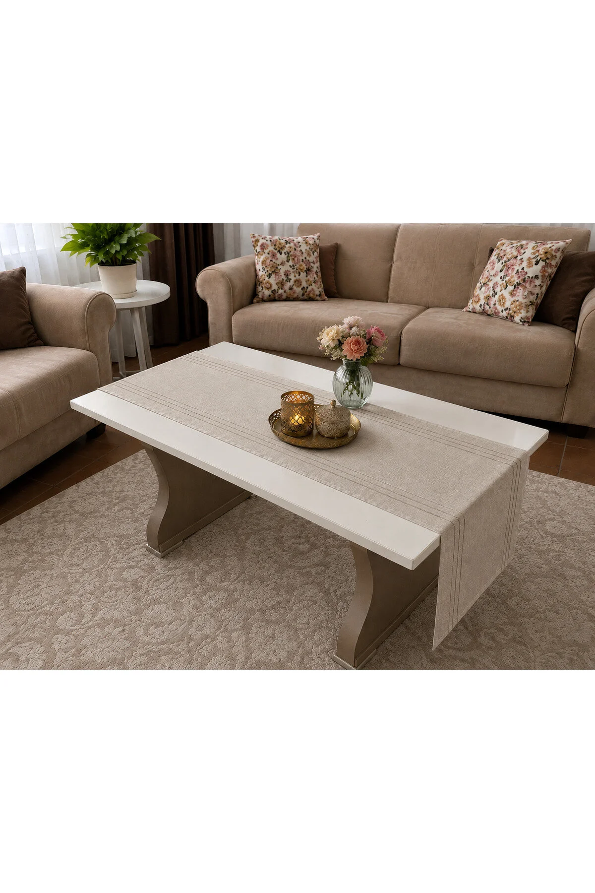 %100 Polyester Dertsiz Leke Tutmaz Şerit Desenli Runner Masa Örtüsü 34x200 Cm Taş Gri