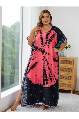 Edolynsa Karpuz Kırmızısı Baskılı Bohem Kaftan Kadın Bornoz Plaj Elbisesi Rahat Çok Yönlü Taze Elbise Mayo Örtüsü Q1464 Çok Renkli