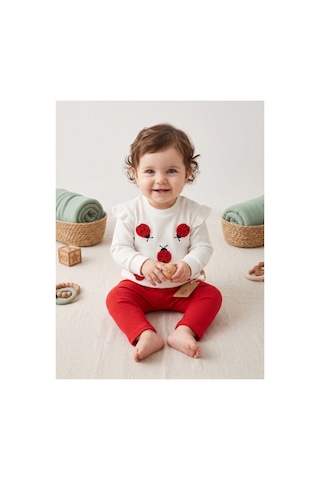 Deniva Kids Kız Bebek Kırmızı Uğur Böceği Desenli Fırfırlı Fitilli Triko Takım