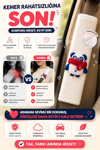 Panda Beyaz Emniyet Kemeri Aksesuarı - Emniyet Kemeri Kılıfı - Araç Emniyet Kemeri Omuz Koruyucu 1 Adet