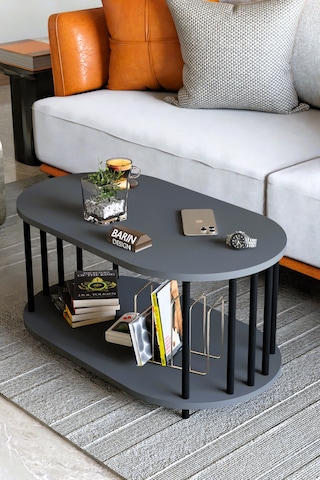 Modern Oval Orta Sehpa Çift Katlı Metal Ayaklı Salon, Ofis, Dekoratif Sehpa, Kahve Sehpası Antrasit