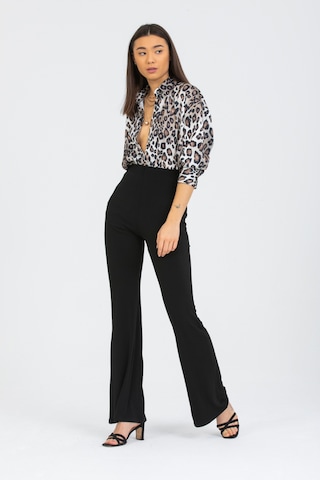 Pera Moda Leopar Desenli Salaş Oversize Saten Gömlek Bej