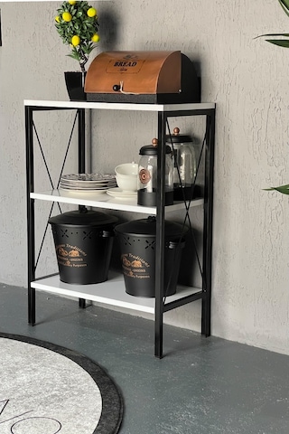 Stally Mutfak Rafı 3 Lü Erzak Malzeme Dolabı Siyah-Beyaz