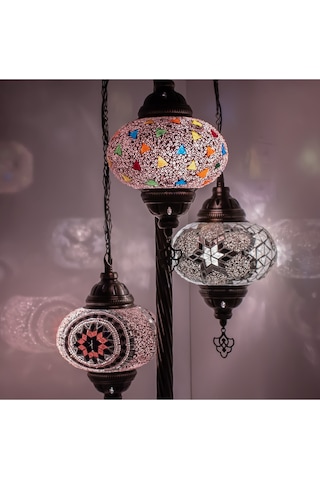 Mozaik 3'lü Lambader Büyük Boy Cam Küreli Mozaik El İşlemesi Otantik Lambader