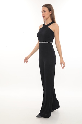 Hanife Glam Couture Hanife Glam Simli Kemerli Halter Yaka Tulum Siyah