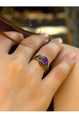 Doğal Taş Ametist Doğal Taşlı Antik İşlemeli Ayarlanabilir Kadın Yüzük Euy36at Mor