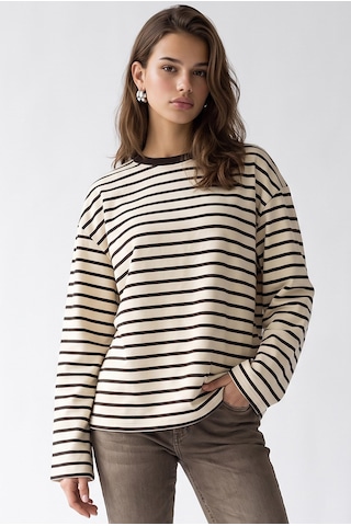 Mixray 2236 Çizgili Bisiklet Yaka Uzun Kol Oversize Sweatshirt Kahve