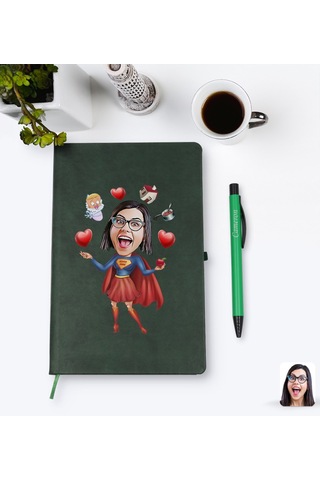 Kişiye Özel Süper Anne Karikatürlü Yeşil Termo Deri Defter Kalem