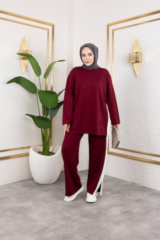 Hira Life Fashion Kadın Efsa Bordo Bisiklet Yaka Yanı Şeritli Ve Pantolon Cepli Alt-üst İkili Takım Bordo Bordo