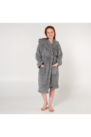 Uzun Welsoft Kapüşonlu Kadın Sabahlık Gri