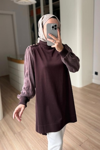 Kahijab Omzu Düğmeli Yarım Balıkçı Merserize Tunik - Kahverengi