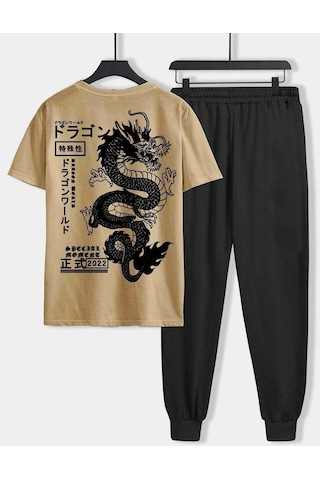 Dragon Vizon T-shirt Siyah Eşofman Altı Jogger- Baskılı Alt Üst Eşofman Takım Oversize Bisiklet Yak Vizon Siyah