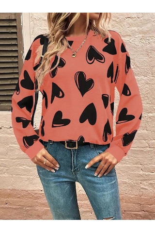Kadın Uzun Kollu Bisiklet Yaka Kalp Desenli Iki Iplik Bluz Turuncu