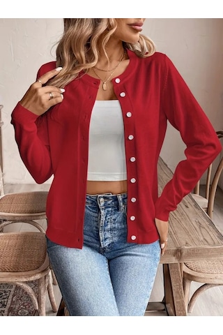 Kadın Uzun Kollu Önden Düğmeli Triko Ceket Kırmızı