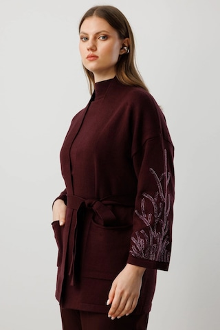 On Fashion Kadın Kolları Taşlı Kuşaklı Triko Bordo Hırka 60902 Bordo