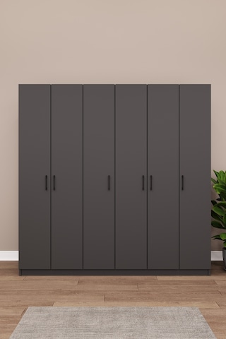 Asra Trend 6 Kapaklı Gardırop G-06 %100 MDF Çift Katlı Askılı Elbise Dolabı Koyu Gri