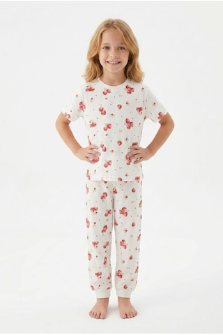 Bunny Hopp Kız Çocuk Pijama Takımı %100 Pamuk Çilek Desenli Yazlık Kısa Kollu Beyaz