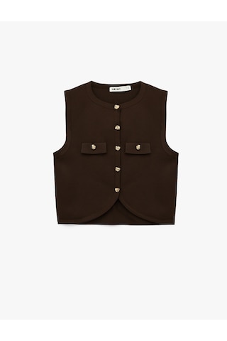 Koton Gold Düğmeli Bisiklet Yaka Düğmeli Triko Yelek Kahverengi 6wak20046ht Kahve