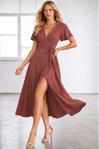 Defymoda Kadın Kısa Kollu Kruvaze Yakalı Belden Kuşaklı Yırtmaçlı Midi Viskon Elbise Turuncu