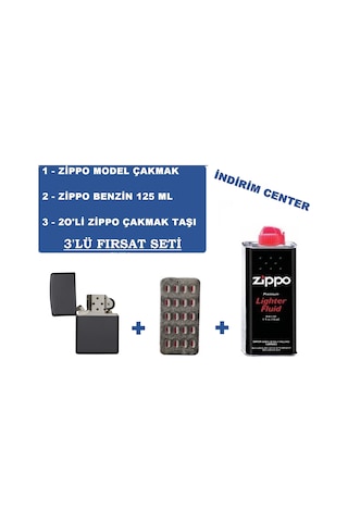 Zippo İthal Siyah Çakmak + Zippo Benzin 125 Ml + 20 Li Zippo Taşı N11.3755