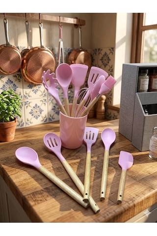 12 Parça Bambu Saplı Silikon Mutfak Gereçleri Seti - Pembe Mutfak Servis Seti Belirtilmemiş
