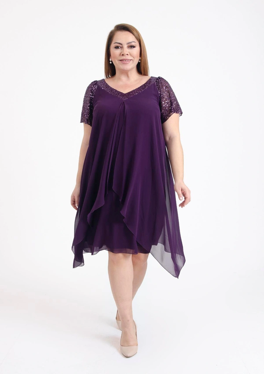 Büyük Beden Mürdüm Renkli V Yakalı Pul Payet Detaylı Şifon Kısa Abiye Elbise Koyu Mürdüm