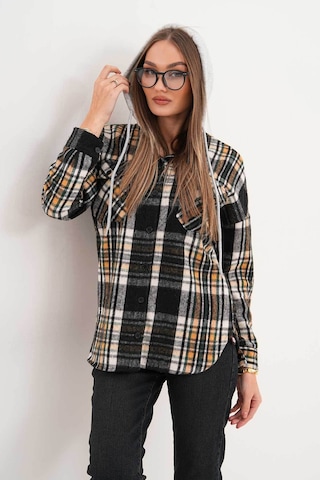 Polologin Butik Kadın Siyah Beyaz Sarı Çizgili Kapşonlu Gömlek Siyah