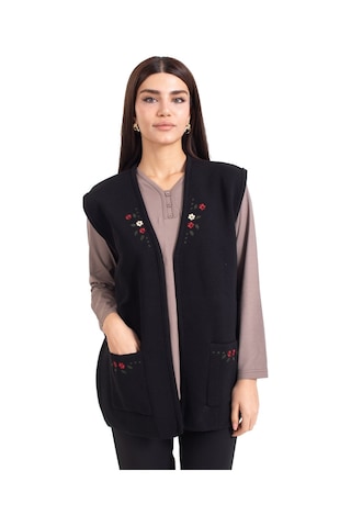 Kadın Orta Yaş ve Üzeri Triko Örgü Düğmesiz Kanaviçe Desen Nakışlı Anne Yelek 310-siyah - L Füme