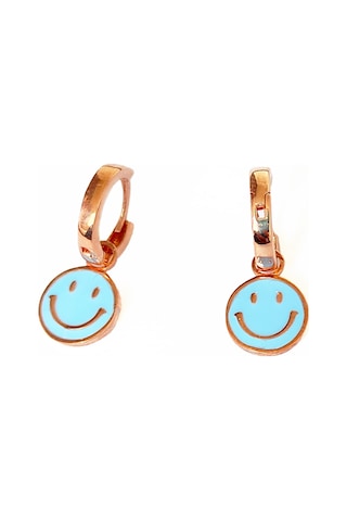 Mavi Mineli Gülen Emoji Gümüş Küpe Pembe Altın