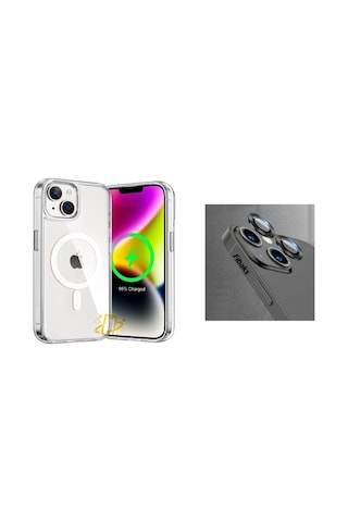 Apple iPhone Uyumlu 14 Plus Kılıf Şeffaf Magsafe Wireless Şarj Destekli Ve Gece Yarısı Kamera Lens Koruma Col89674-siyah