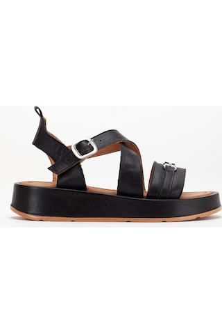 Analin Shoes Kadın Hakiki Deri Çapraz Bilekten Bantlı Günlük Sandalet Siyah