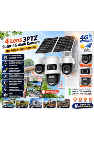 Radem Rd-104 4 Lens 3ptz Solar 4g Güvenlik Kamerası - 16000 Mah Batarya, Çift Yönlü Ses, Renkli Gece Görüşü & Ip66