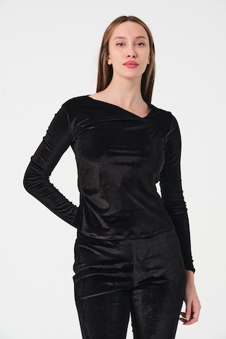 Mois Atelier Siyah Kadife Büzgülü Bluz Tasarım Büyük Beden Bayramlık