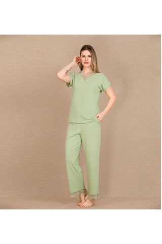 İkikareshop Pamuklu Şık Tasarım Dantel İşlemeli Yeşil Kısa Kol Pijama Takımı Çok Renkli