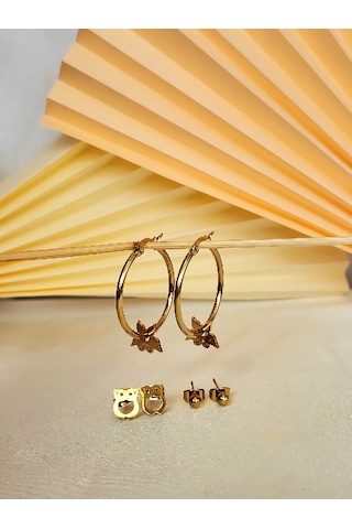 6'lı Baykuş Kelebek Top Halka Altın Kaplama Gold Çelik Küpe Seti