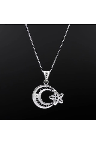 Doğan Silver 925 Ayar Gümüş Telkari El Işi Ay Yıldız Model Kolye