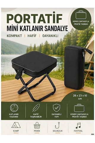 Katlanır Mini Kamp Sandalyesi Hafif El Çantası Boyutunda Portatif Taşınabilir Piknik Taburesi Siyah