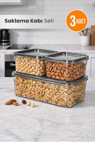 3'lü Saklama Kabı Seti - Buzdolabı Düzenleyici& Piknik Taşıma Kabı Seti 1,80lt X1 - 0,85lt X2 Şeffaf Gri