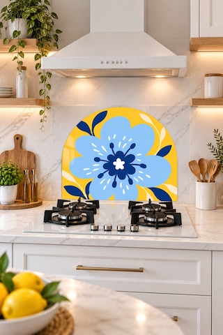 Gökçeoğlu Cam Ocak Arkası Koruyucu Cam Koruyucu Tezgah Ankastre Arkası Oval Şekilli Sarı Mavi Çiçek Temalı 52 X 60 Çok Renkli