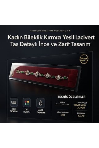 Kadın Bileklik Kırmızı Yeşil Lacivert Taş Detaylı İnce Ve Zarif Tasarım Altın - Çok Renkli