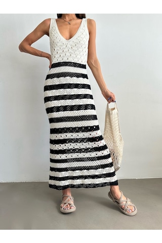 Kadın Askılı Ajurlu Yazlık Triko Elbise Krem - Siyah
